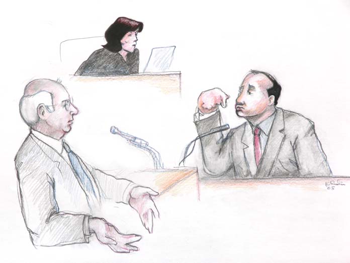 Humboldt Deputy Marvin Kirkpatrick, the one who did all of the pepper spray applications in this case, is questioned by plaintiffs' counsel Bill Simpich, as Judge Illston ponders. Courtroom graphics by K. Rudin.
