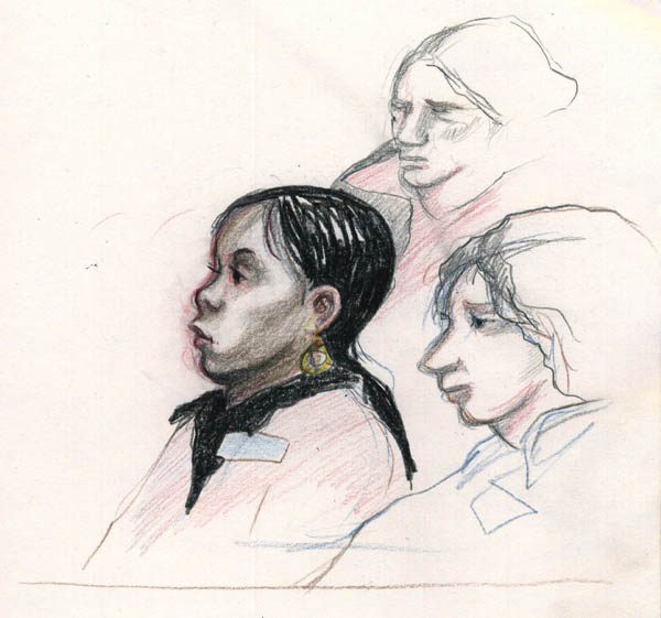Members of the jury listen as Terri Slanetz testifies. Courtroom graphics by K. Rudin.