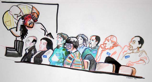 The jury of four men and four women watch a police video